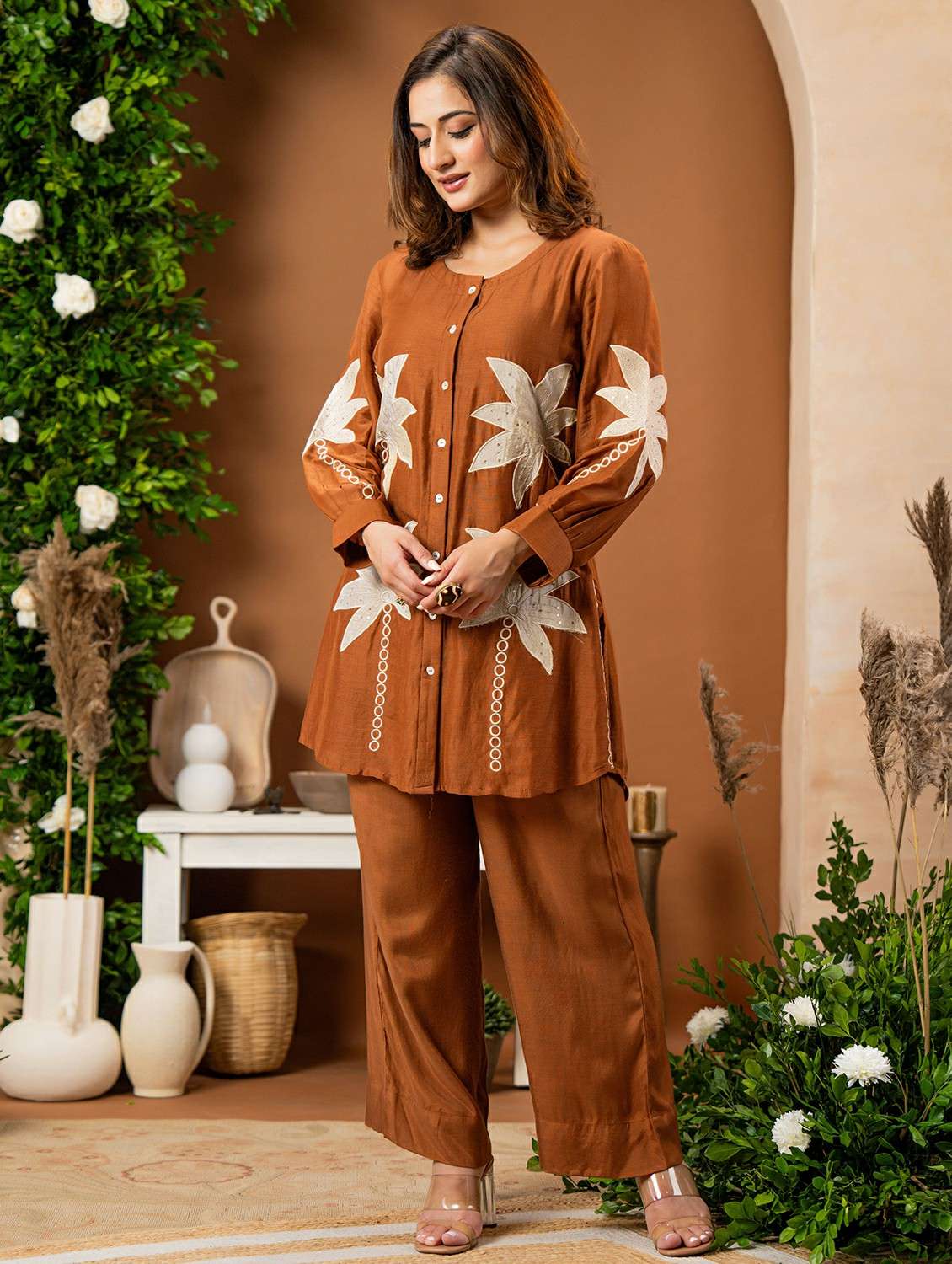 women solid with work three quarter sleeve ethnic co-ord set - 22178446 -  Standard Image - 1