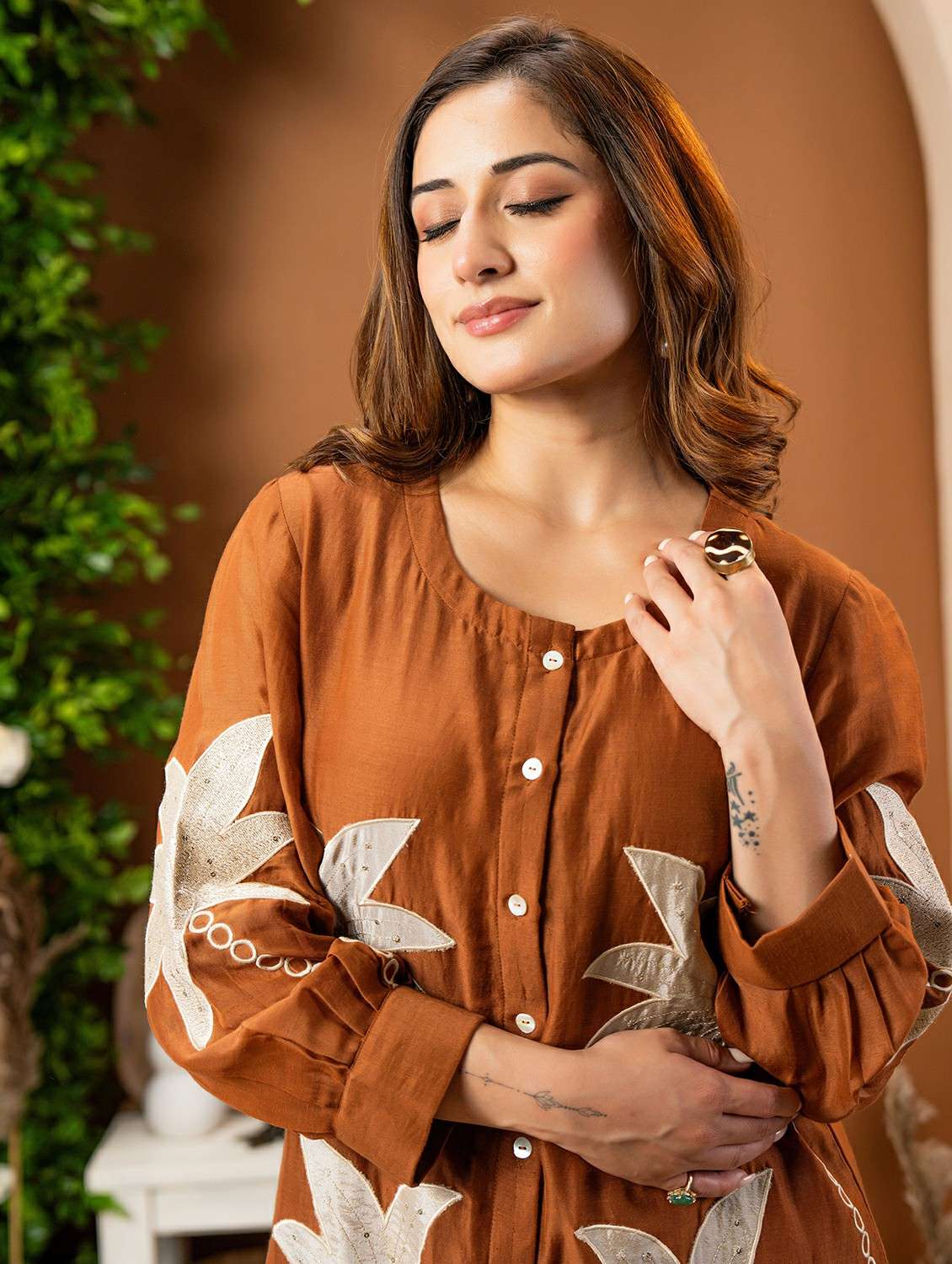 women solid with work three quarter sleeve ethnic co-ord set - 22178446 -  Standard Image - 4