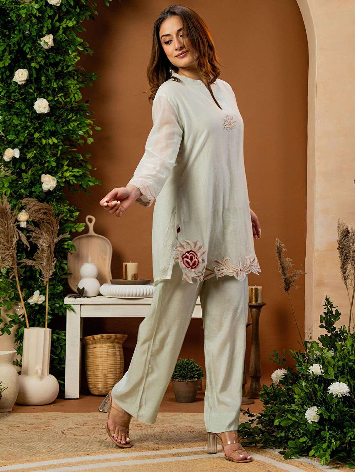 women solid with work three quarter sleeve ethnic co-ord set - 22178447 -  Standard Image - 1