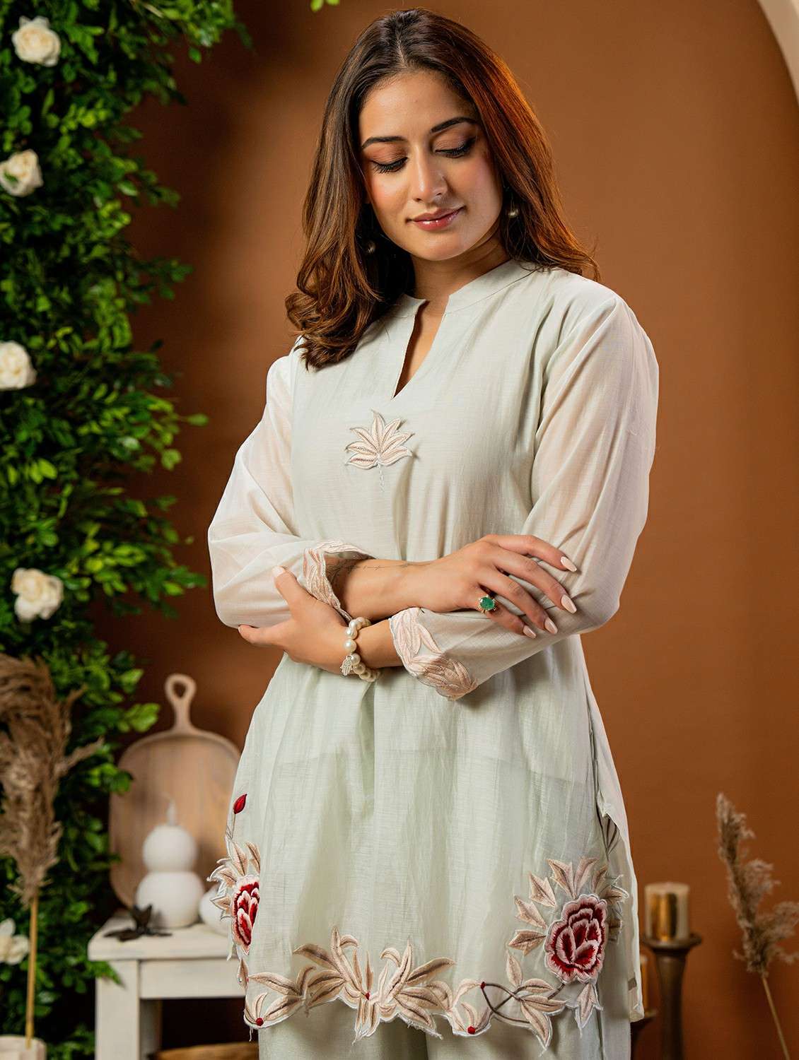 women solid with work three quarter sleeve ethnic co-ord set - 22178447 -  Standard Image - 4