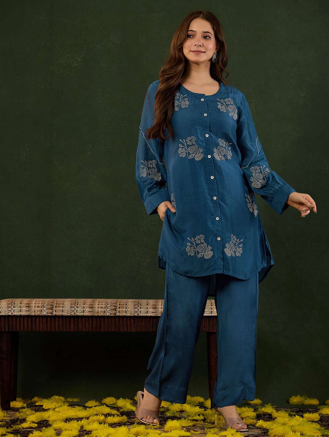 women solid with work long sleeve ethnic co-ord set - 22178449 -  Standard Image - 1