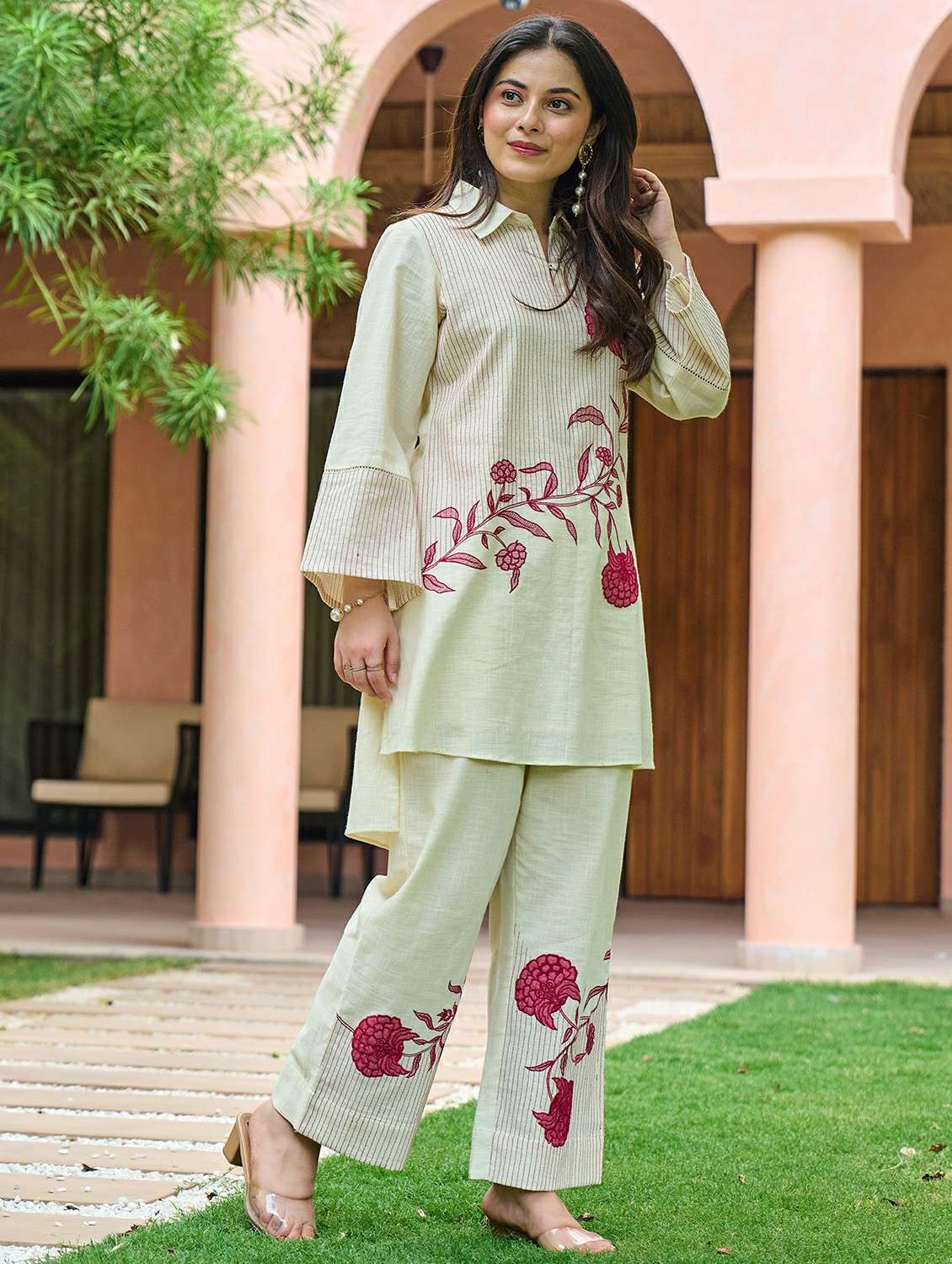 women solid with work long sleeve ethnic co-ord set - 22178451 -  Standard Image - 1