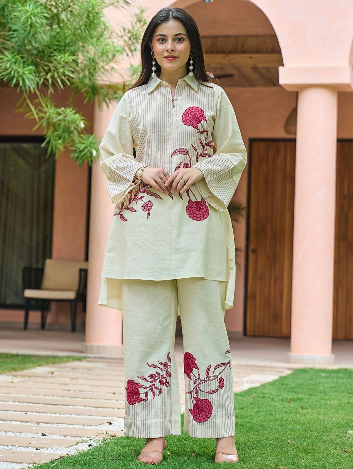 women solid with work long sleeve ethnic co-ord set - 22178451 -  Standard Image - 4