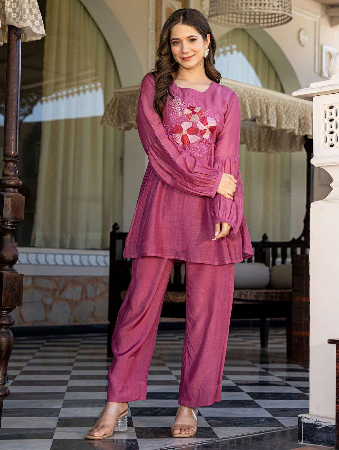 women solid with work long sleeve ethnic co-ord set - 22178455 -  Standard Image - 1