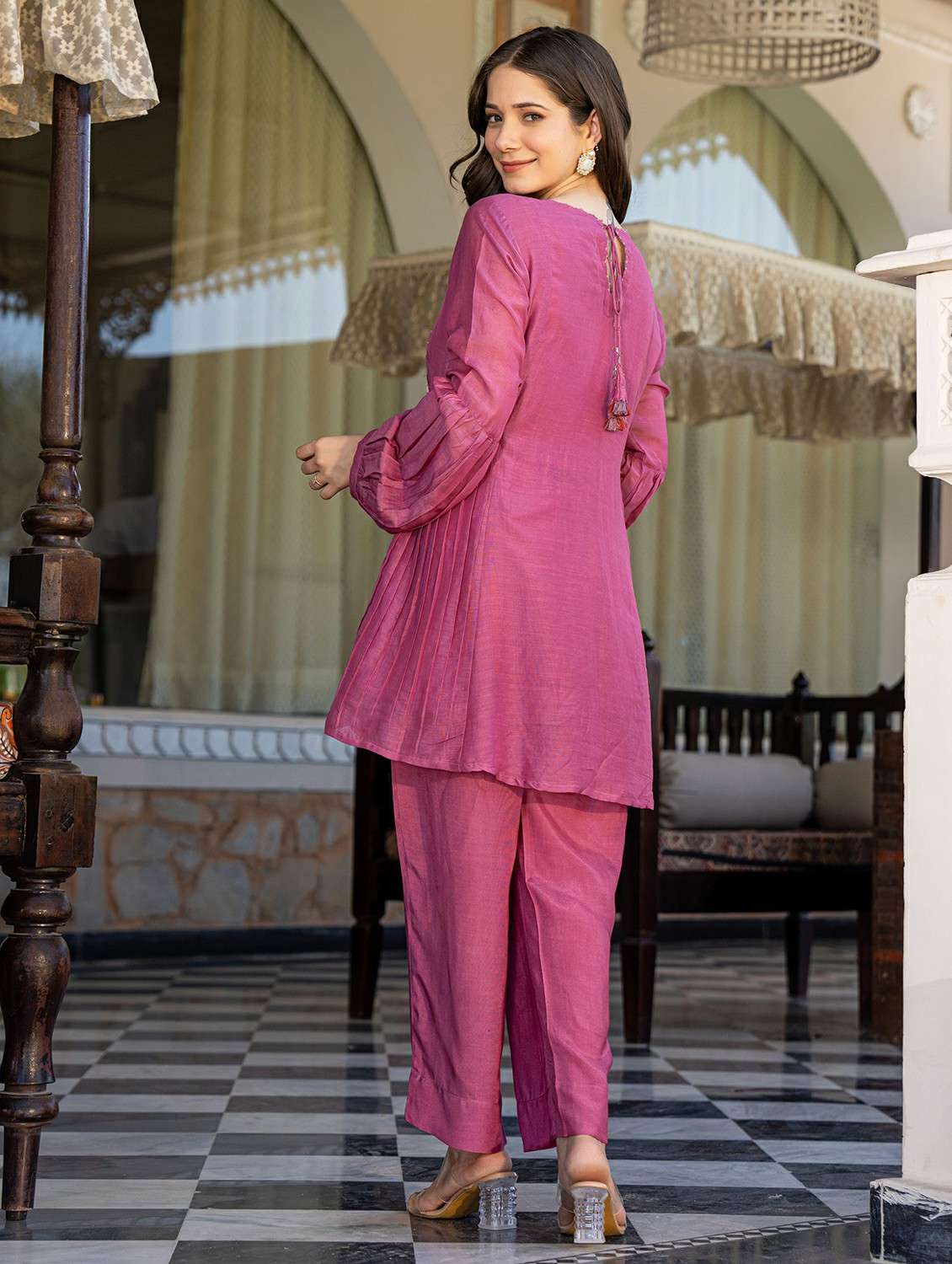 women solid with work long sleeve ethnic co-ord set - 22178455 -  Standard Image - 4