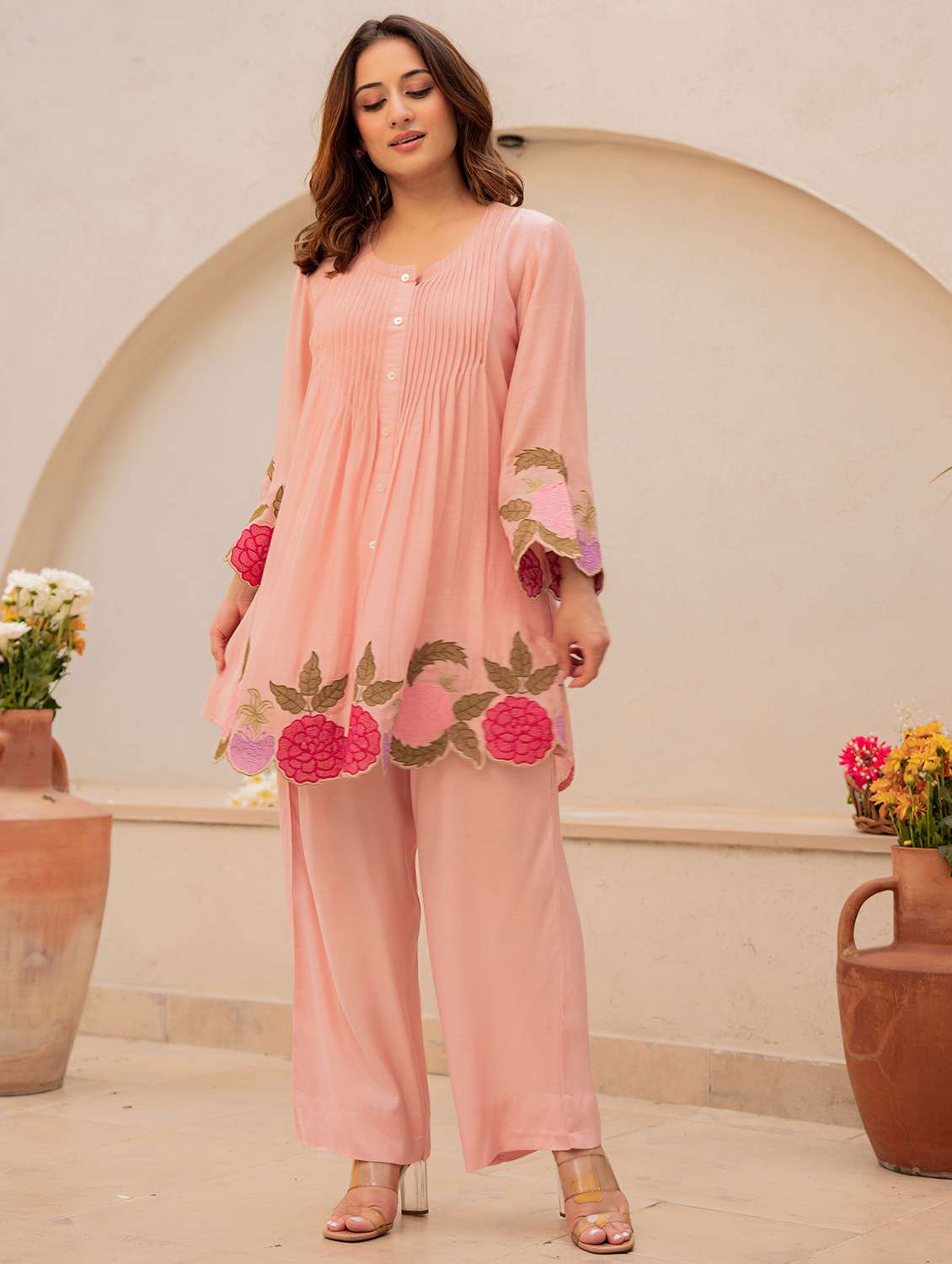 women solid with work long sleeve ethnic co-ord set