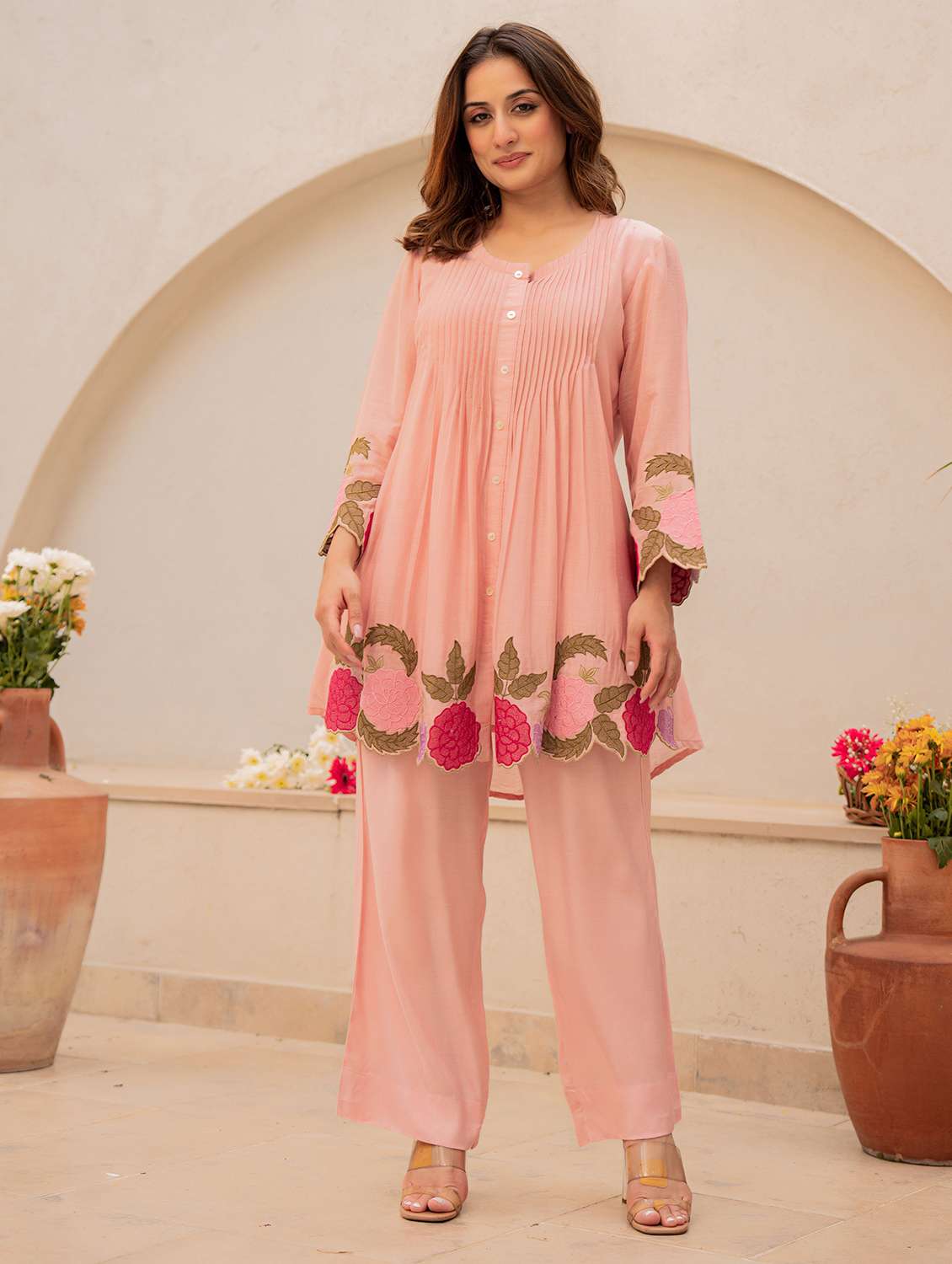 women solid with work long sleeve ethnic co-ord set - 22178458 -  Standard Image - 1