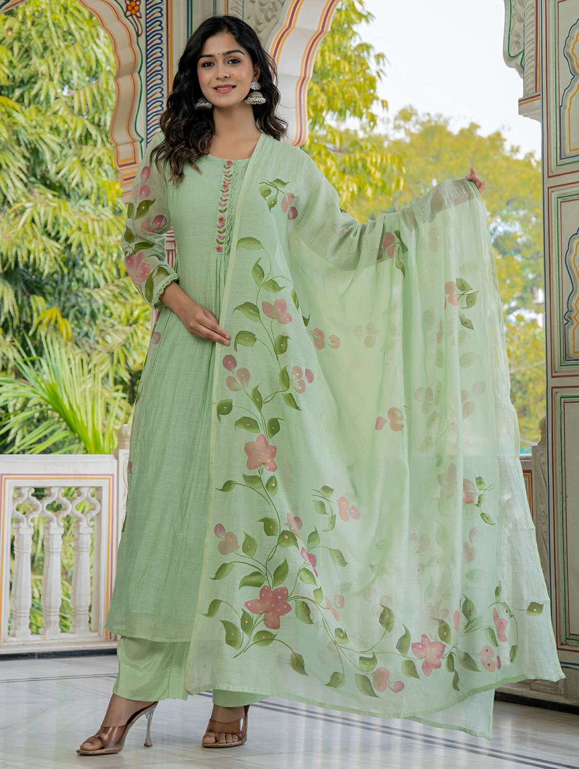 women floral printed three quarter sleeve kurta pant with dupatta set