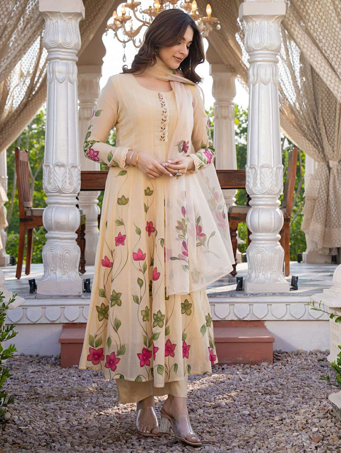women embroidered long sleeve kurta pant with dupatta set