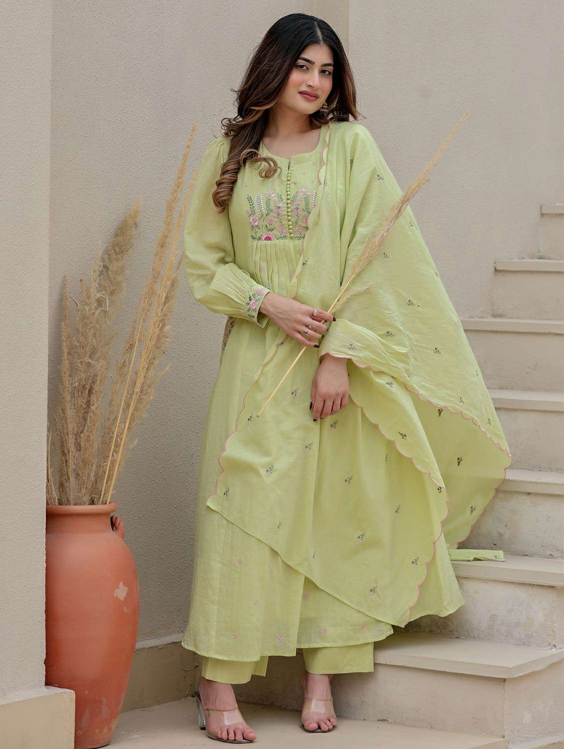women embroidered puff sleeve kurta pant with dupatta set - 22178474 -  Standard Image - 1