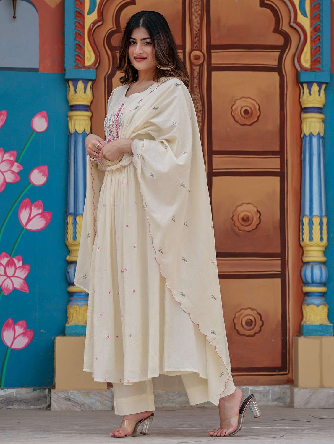 women embroidered puff sleeve kurta pant with dupatta set - 22178476 -  Standard Image - 1
