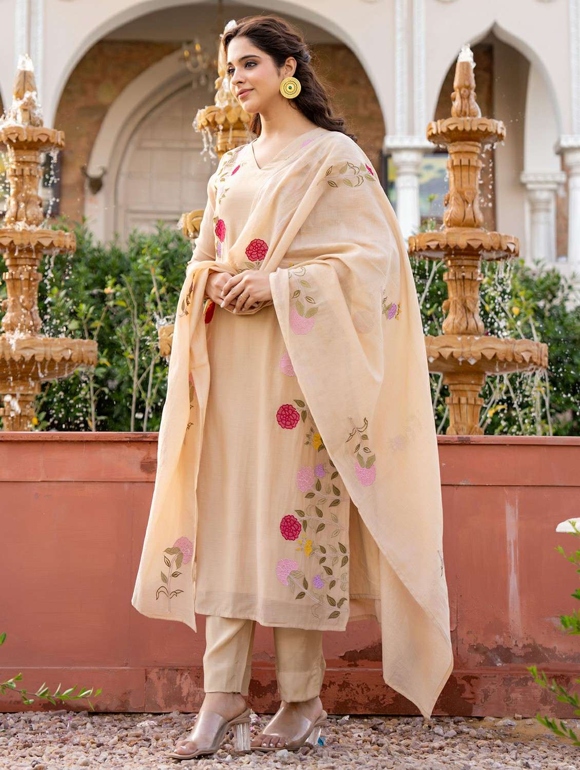 women embroidered three quarter sleeve kurta pant with dupatta set - 22178477 -  Standard Image - 1
