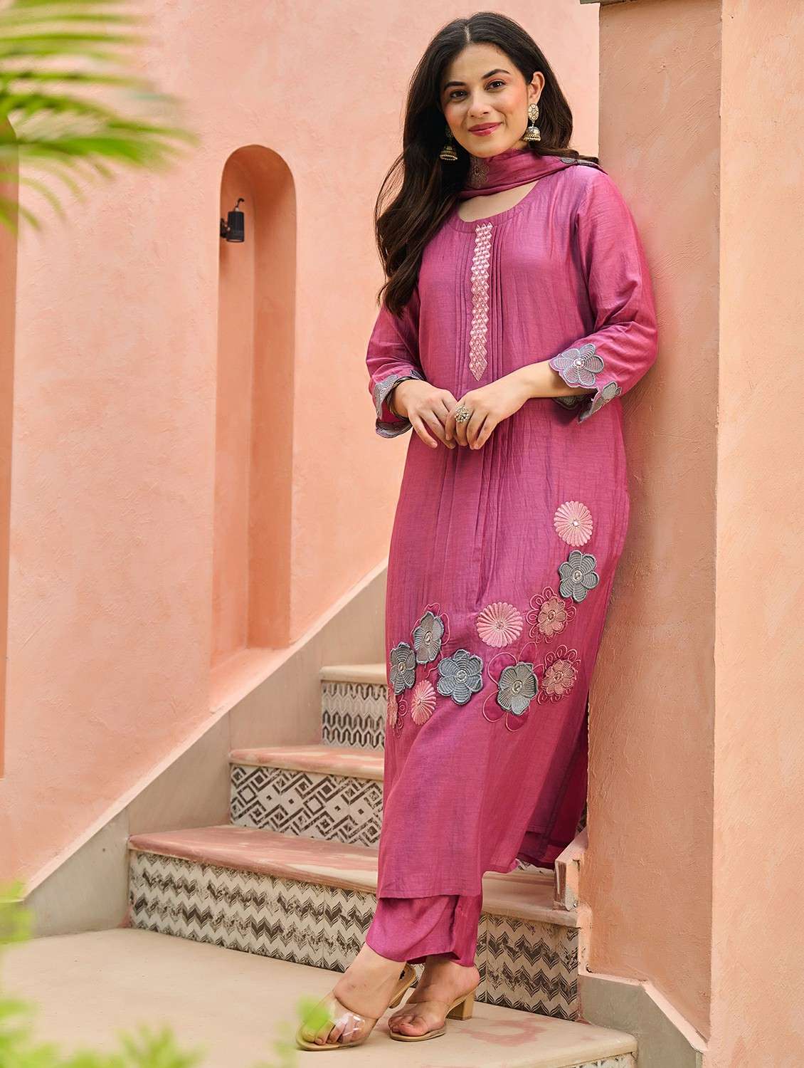 women embroidered three quarter sleeve kurta pant with dupatta set - 22178481 -  Standard Image - 1