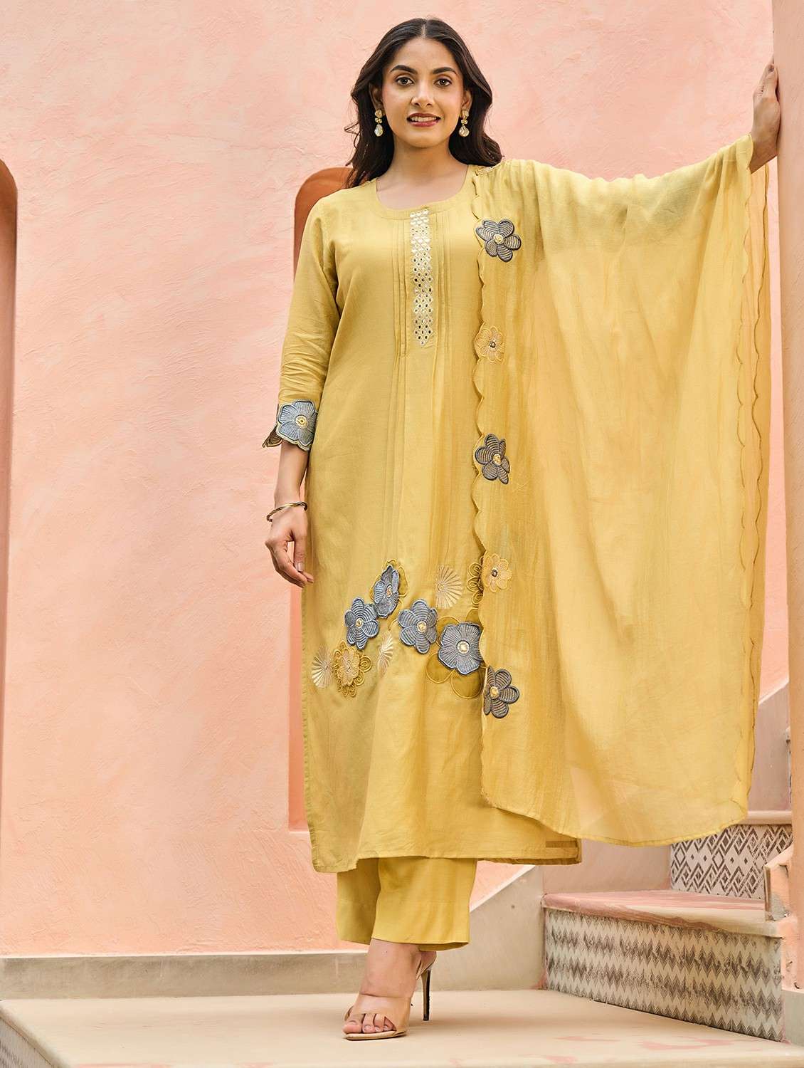 women embroidered three quarter sleeve kurta pant with dupatta set - 22178482 -  Standard Image - 1