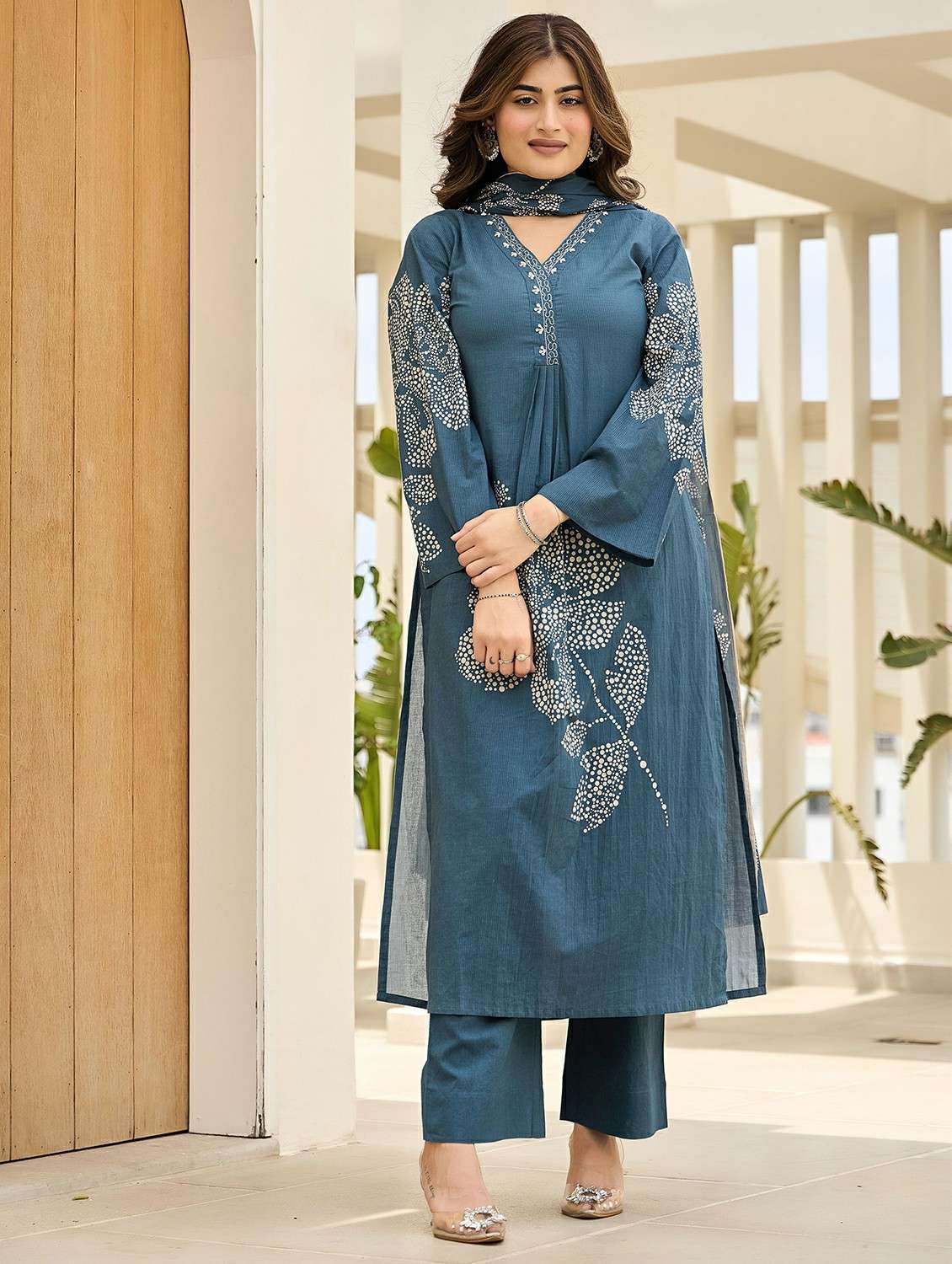 women embroidered flared sleeve kurta pant with dupatta set - 22178485 -  Standard Image - 1