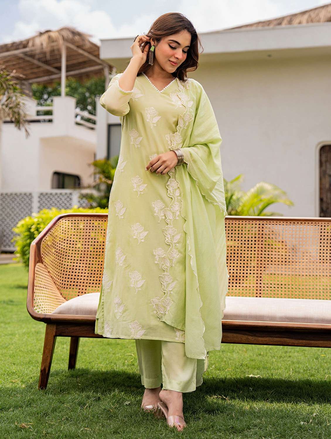 women embroidered three quarter sleeve kurta pant with dupatta set - 22178490 -  Standard Image - 1