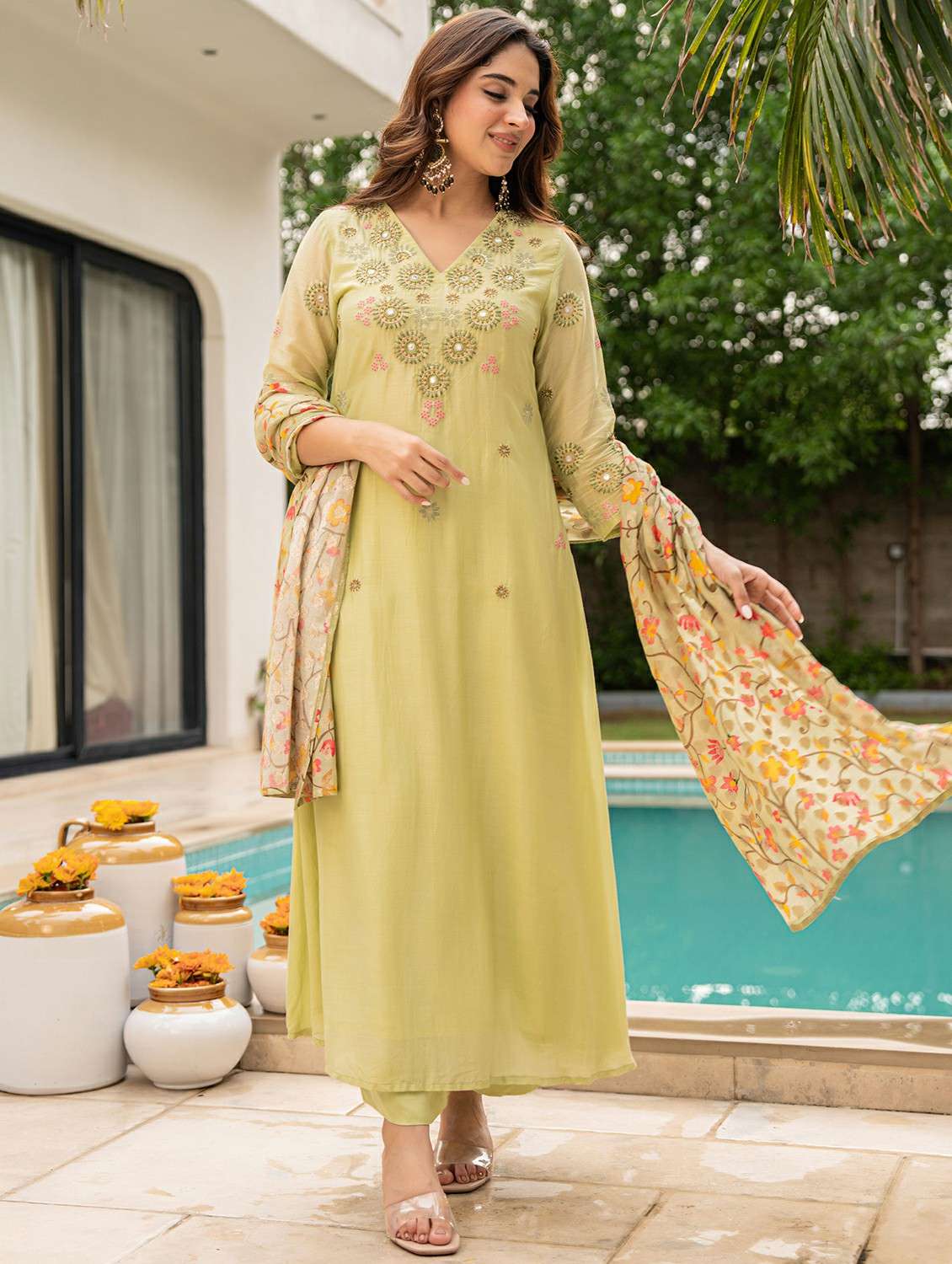 women embroidered three quarter sleeve kurta pant with dupatta set - 22178491 -  Standard Image - 1