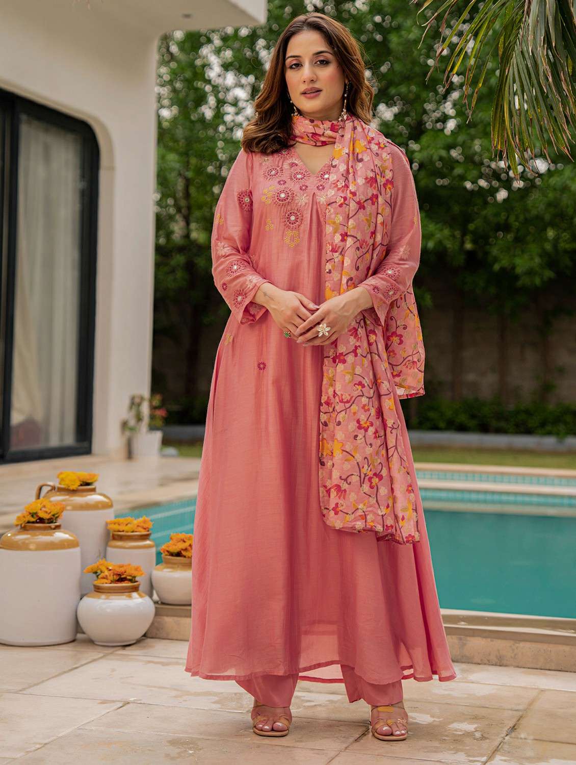 women embroidered three quarter sleeve kurta pant with dupatta set - 22178492 -  Standard Image - 1