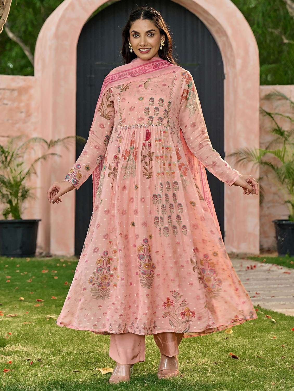 women embroidered three quarter sleeve kurta pant with dupatta set - 22178493 -  Standard Image - 1