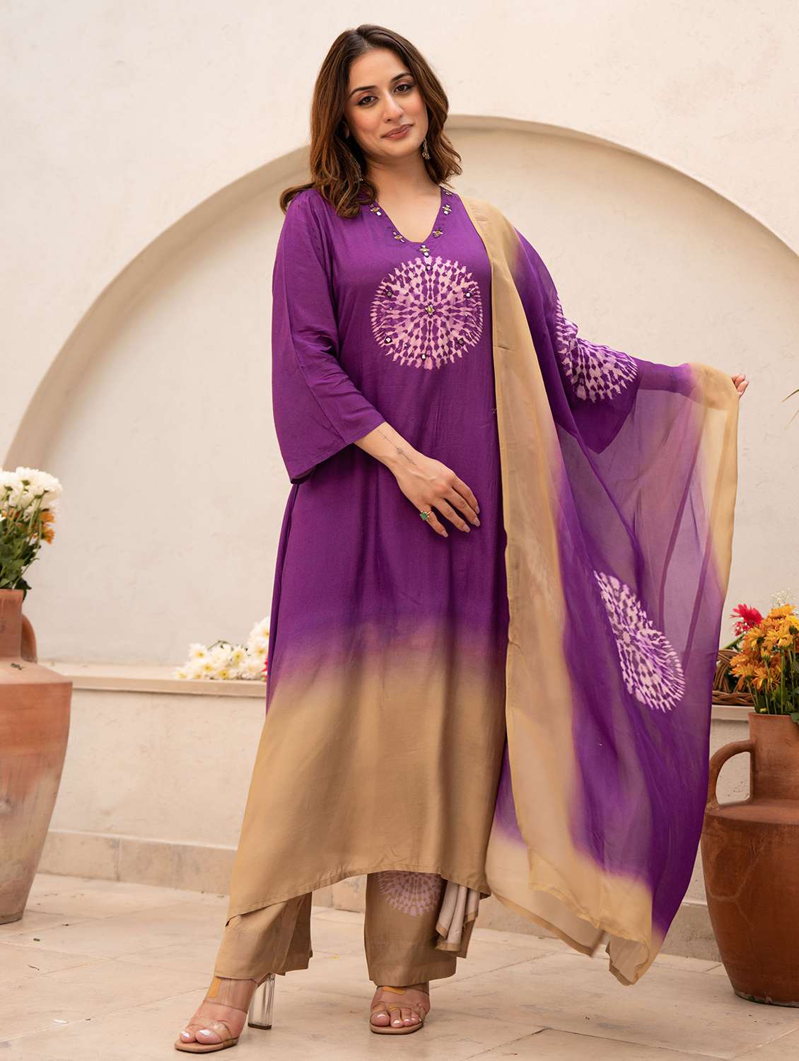 women embroidered three quarter sleeve kurta pant with dupatta set - 22178502 -  Standard Image - 1