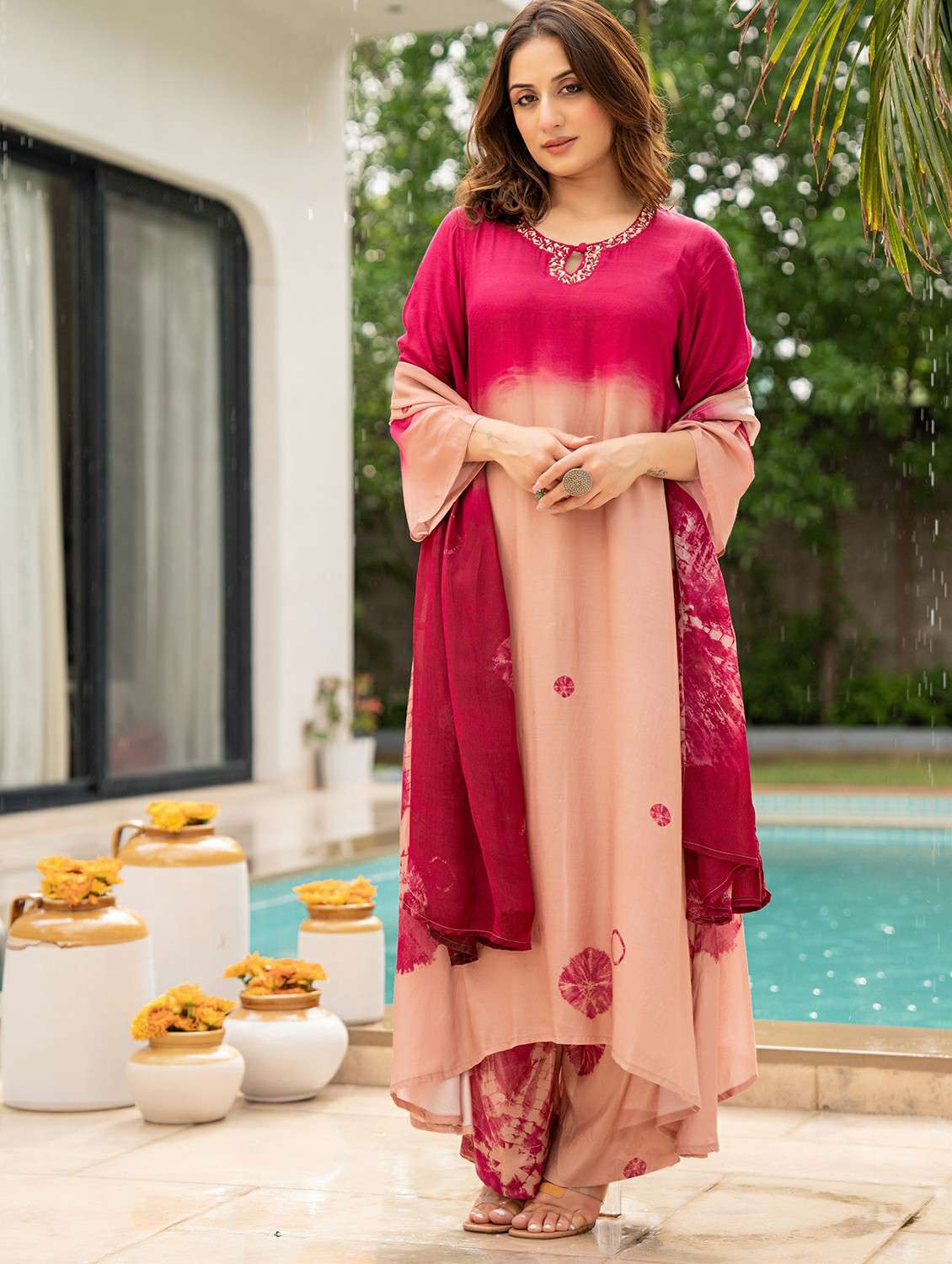 women embroidered three quarter sleeve kurta pant with dupatta set - 22178503 -  Standard Image - 1