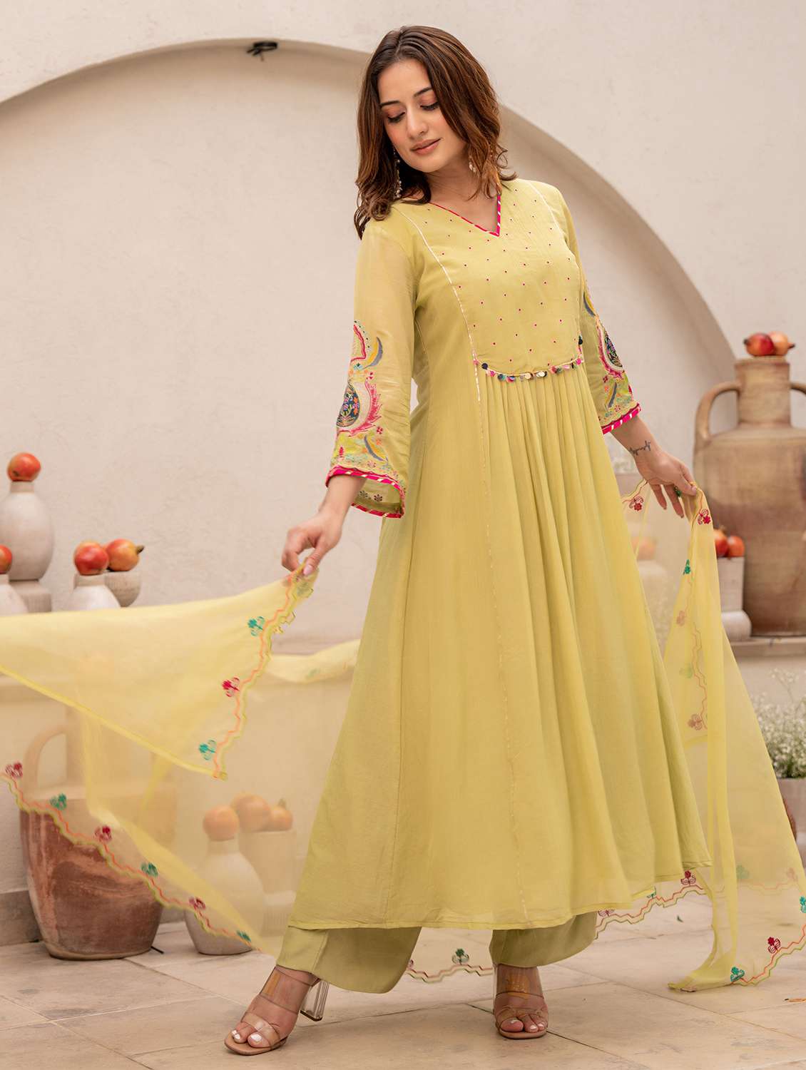 women embroidered three quarter sleeve kurta pant with dupatta set - 22178518 -  Standard Image - 1