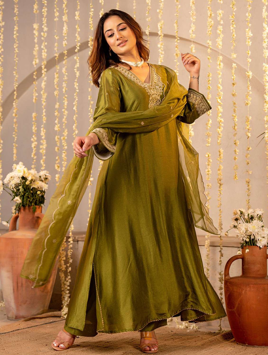 women embroidered three quarter sleeve kurta pant with dupatta set - 22178519 -  Standard Image - 1