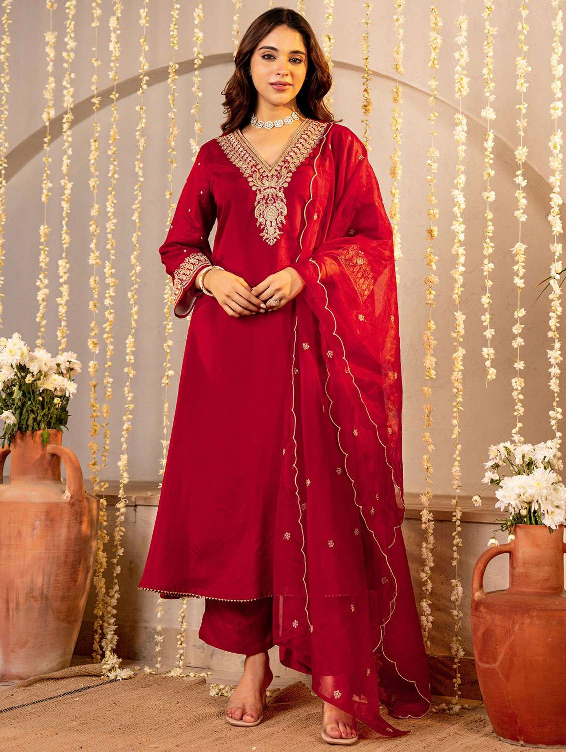 women embroidered three quarter sleeve kurta pant with dupatta set - 22178520 -  Standard Image - 1