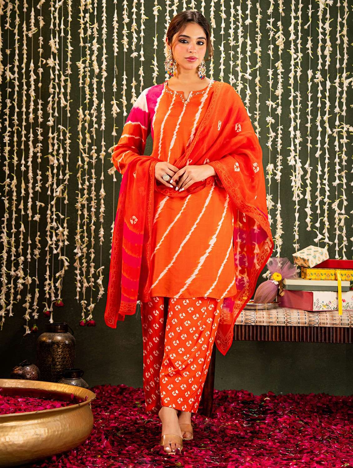 women embroidered long sleeve kurta pant with dupatta set