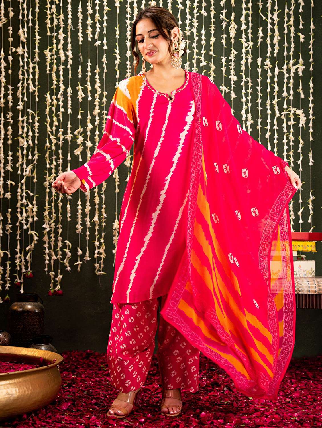 women embroidered long sleeve kurta pant with dupatta set