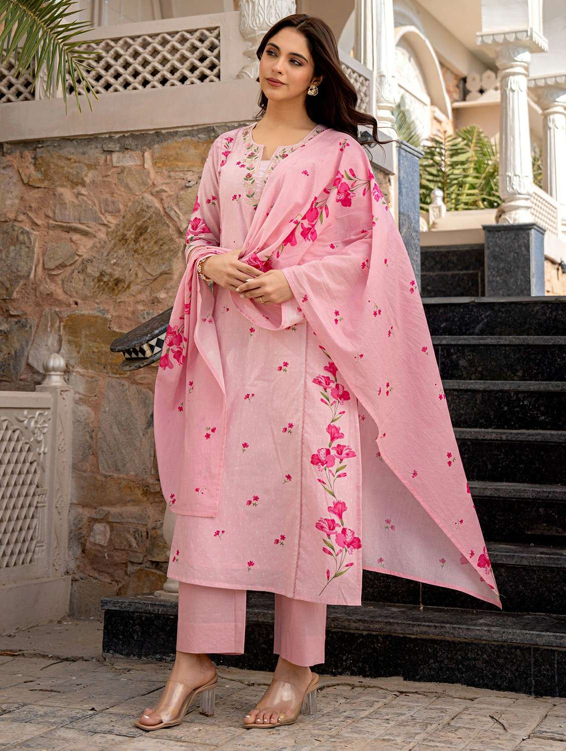 women embroidered three quarter sleeve kurta pant with dupatta set - 22178527 -  Standard Image - 1