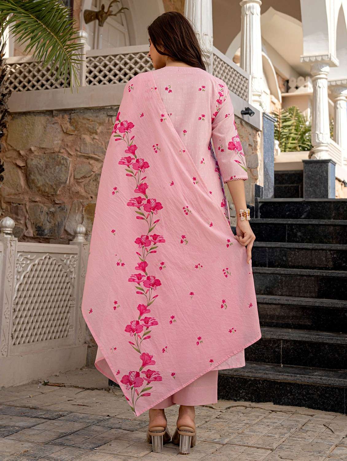 women embroidered three quarter sleeve kurta pant with dupatta set - 22178527 -  Standard Image - 4