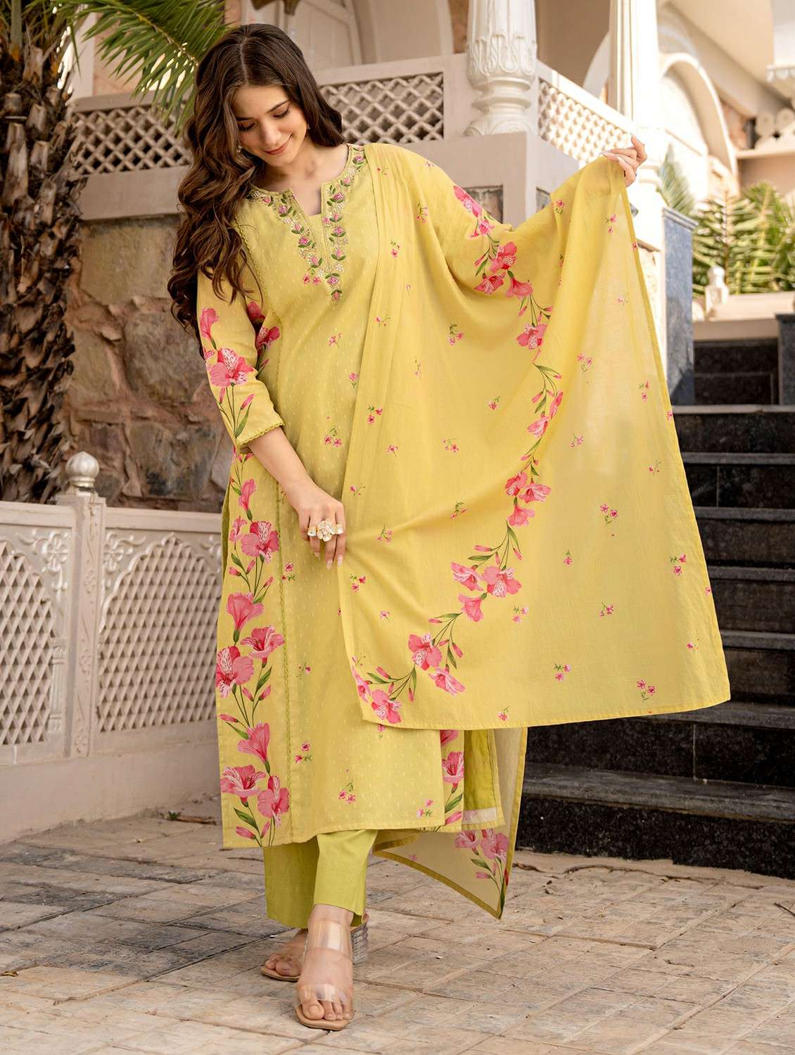 women embroidered three quarter sleeve kurta pant with dupatta set - 22178528 -  Standard Image - 1