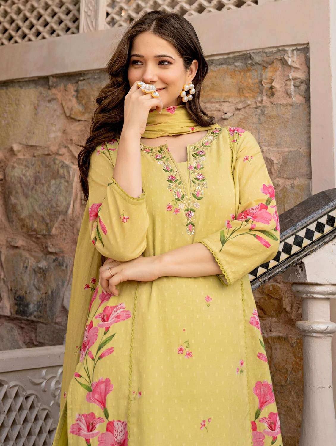 women embroidered three quarter sleeve kurta pant with dupatta set - 22178528 -  Standard Image - 4