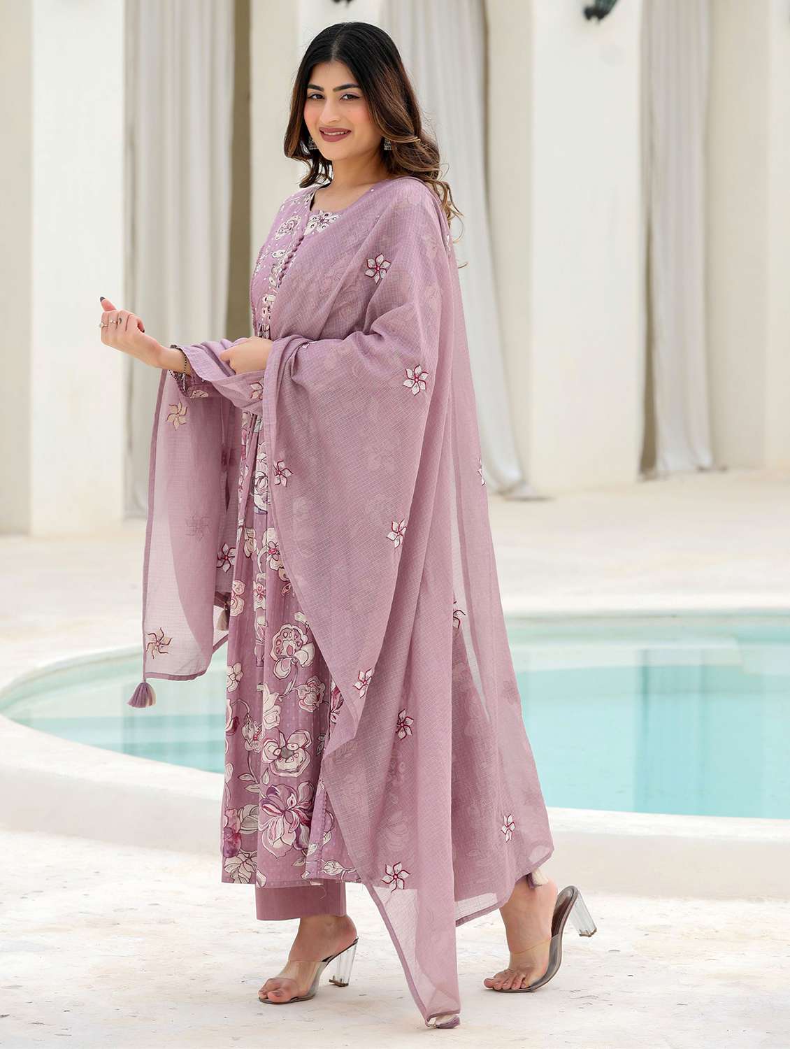 women embroidered three quarter sleeve kurta pant with dupatta set - 22178532 -  Standard Image - 1