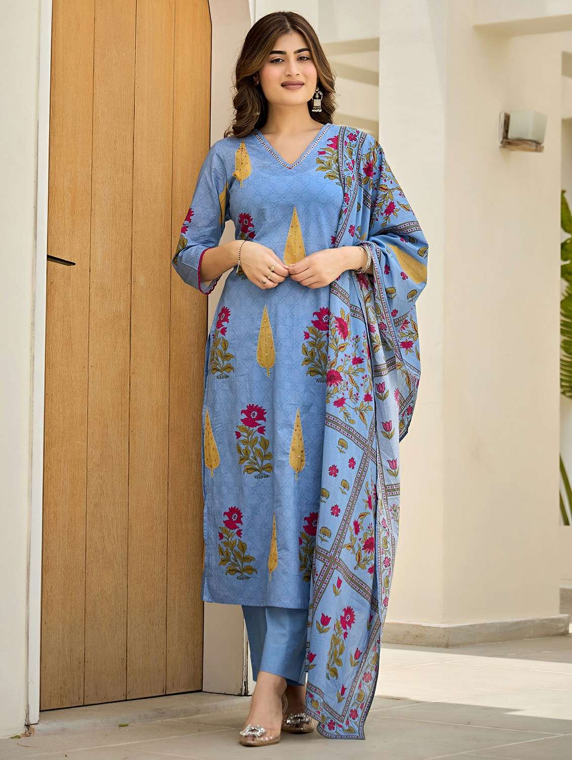 women embroidered three quarter sleeve kurta pant with dupatta set - 22178536 -  Standard Image - 1