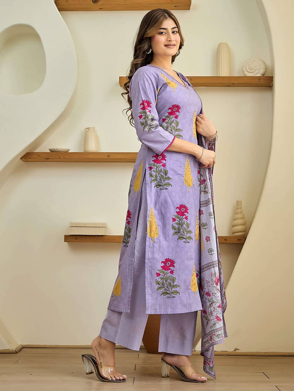 women embroidered three quarter sleeve kurta pant with dupatta set - 22178538 -  Standard Image - 1