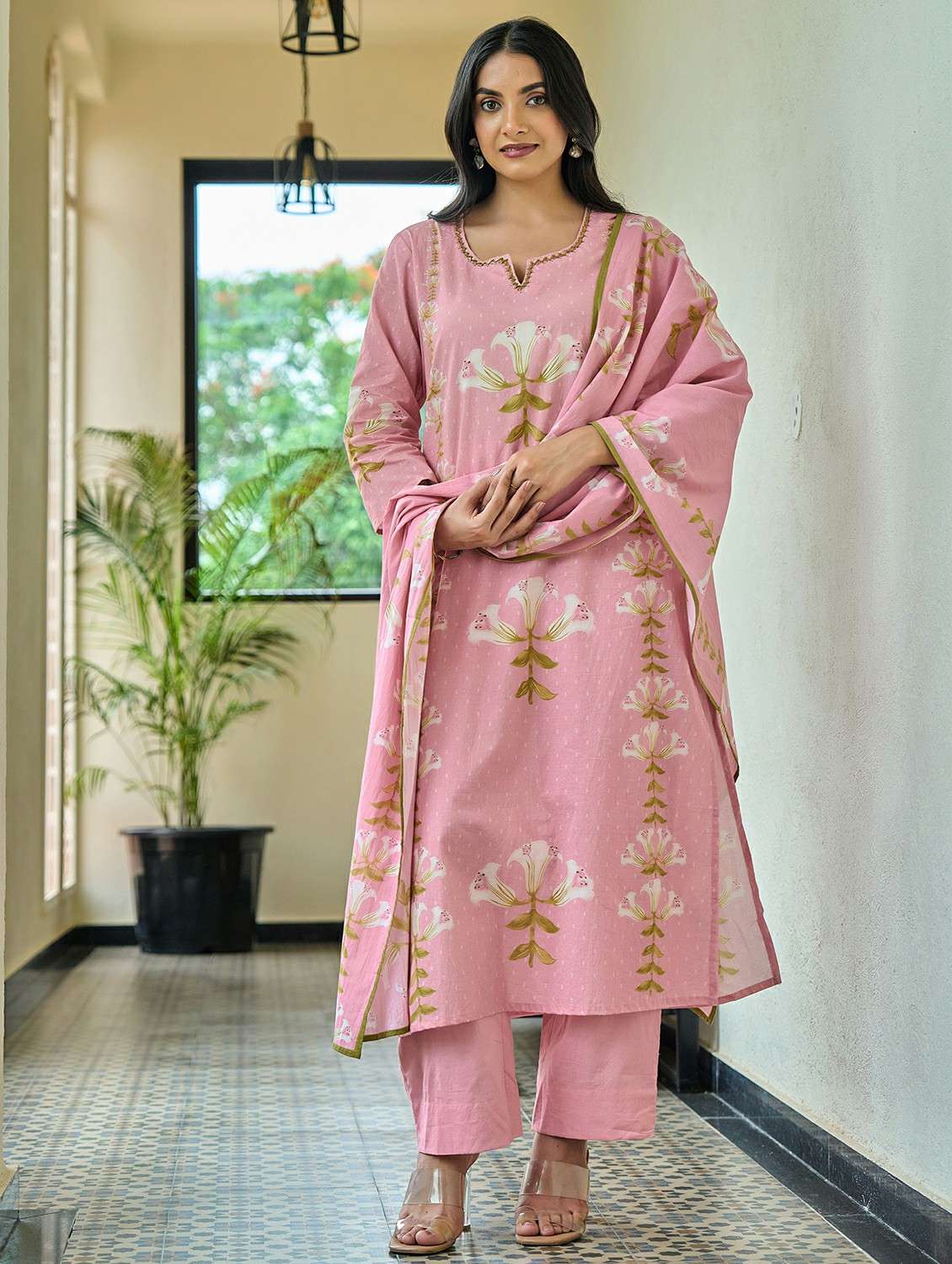 women floral three quarter sleeve kurta pant with dupatta set - 22178543 -  Standard Image - 1