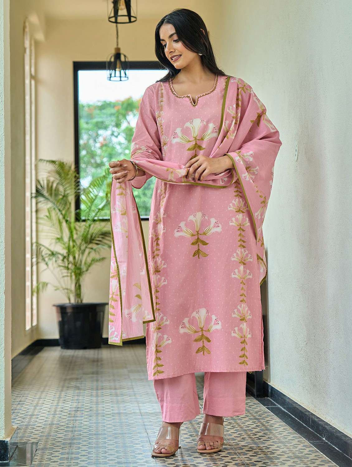 women floral three quarter sleeve kurta pant with dupatta set - 22178543 -  Standard Image - 4