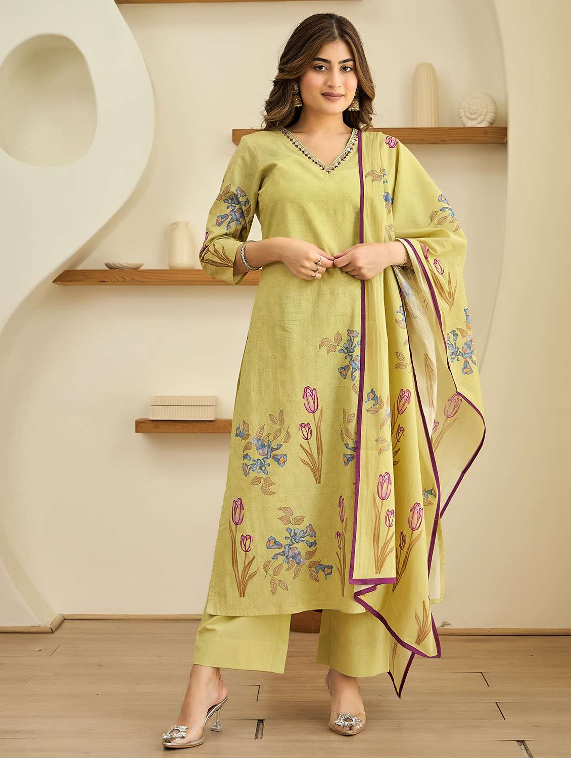 women embroidered three quarter sleeve kurta pant with dupatta set - 22178546 -  Standard Image - 1