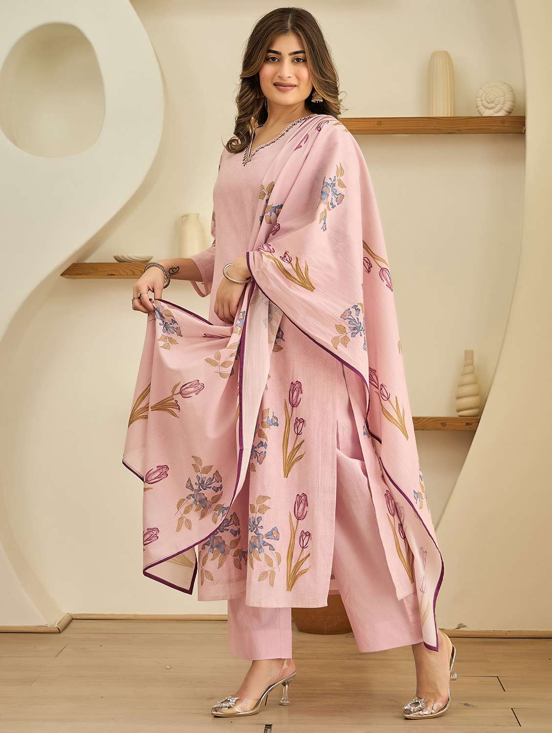 women embroidered three quarter sleeve kurta pant with dupatta set - 22178547 -  Standard Image - 1