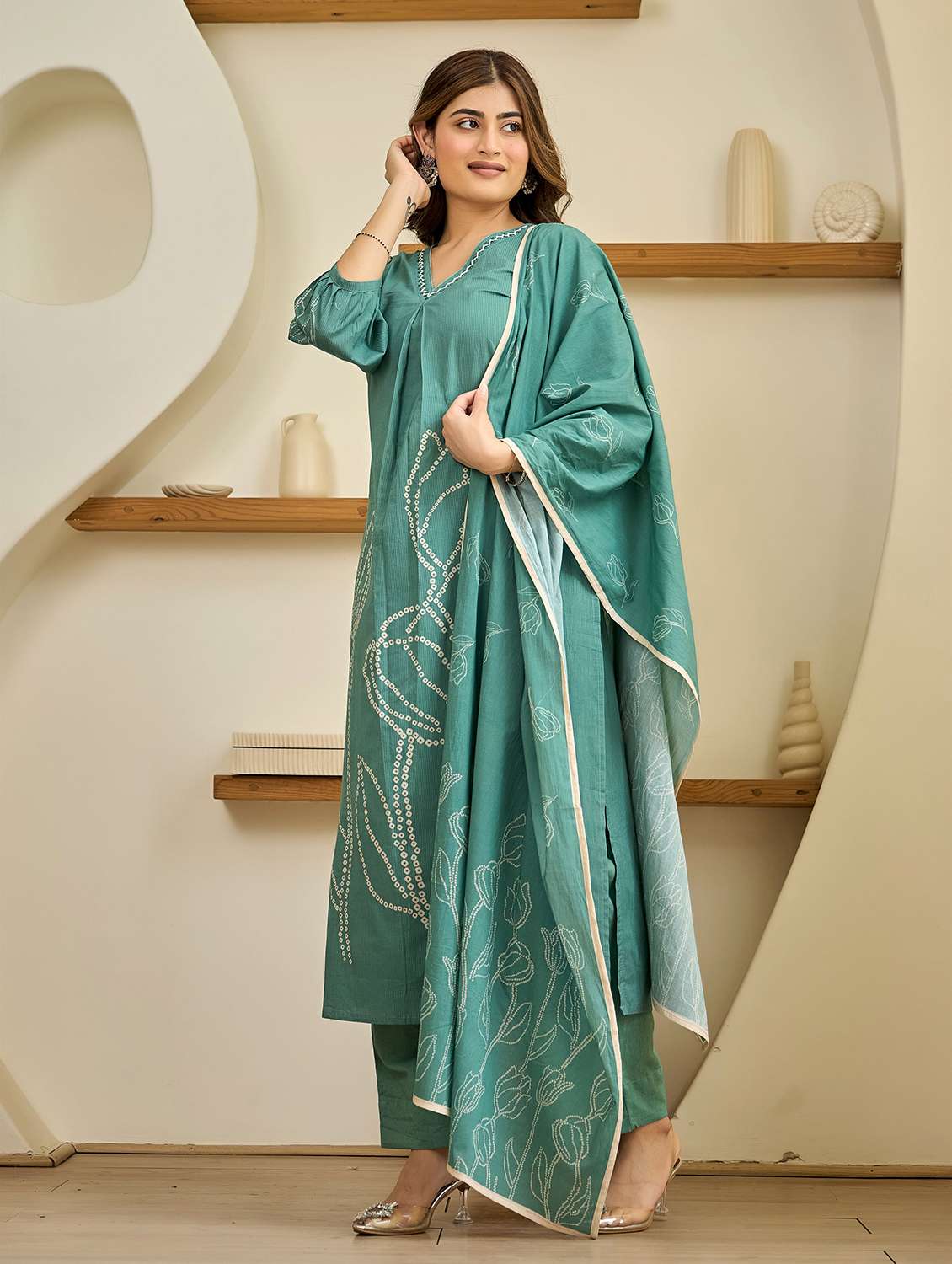 women printed three quarter sleeve kurta pant with dupatta set - 22178550 -  Standard Image - 1