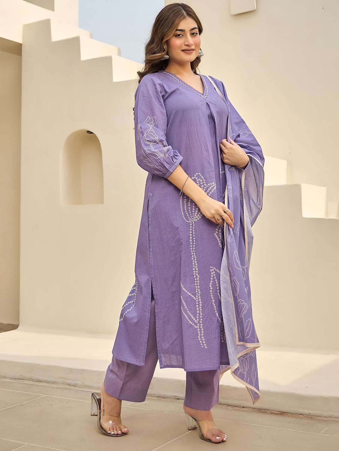 women printed three quarter sleeve kurta pant with dupatta set - 22178552 -  Standard Image - 1