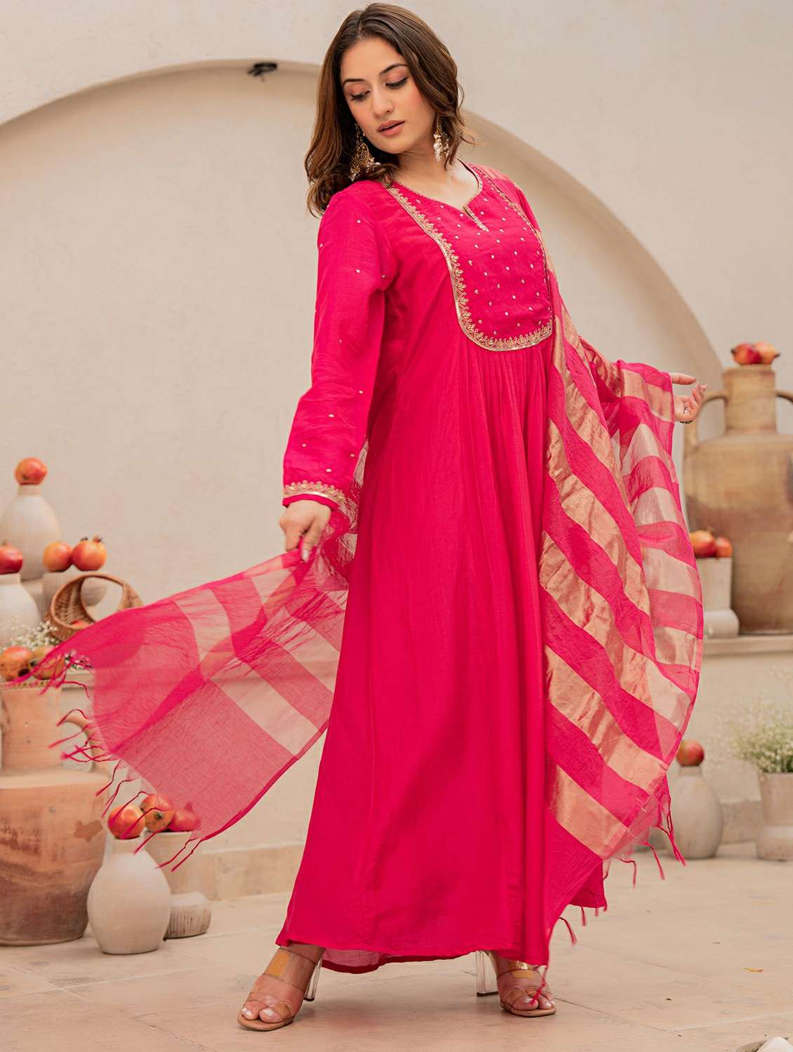 women solid with work long sleeve kurta pant with dupatta set - 22178556 -  Standard Image - 1