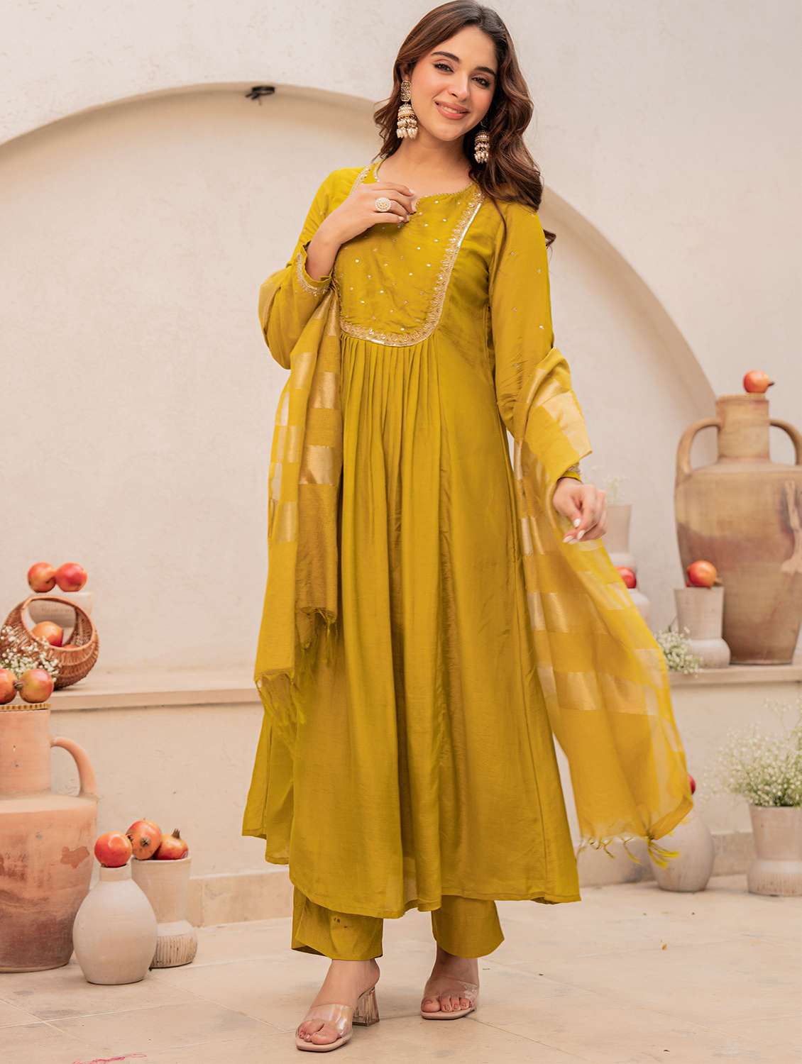 women solid with work long sleeve kurta pant with dupatta set - 22178557 -  Standard Image - 1
