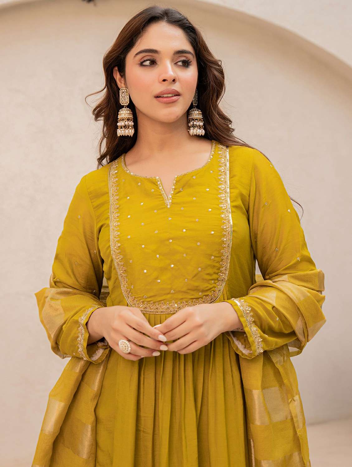 women solid with work long sleeve kurta pant with dupatta set - 22178557 -  Standard Image - 4