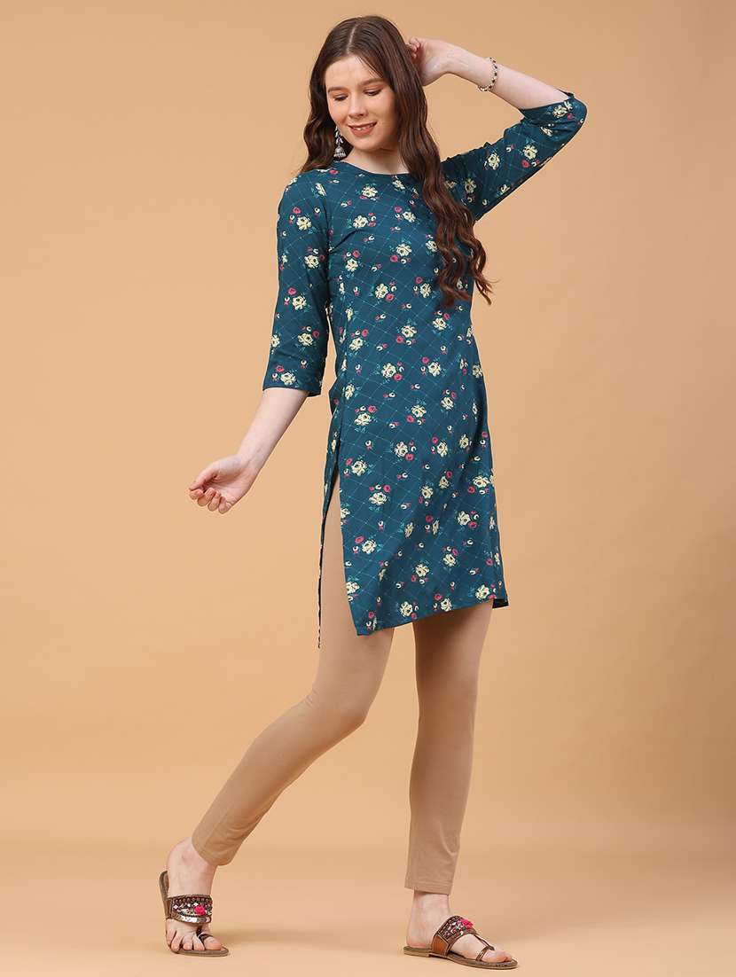 Women Floral Printed Three Quarter Sleeve Straight Kurta - 22178637 -  Standard Image - 4
