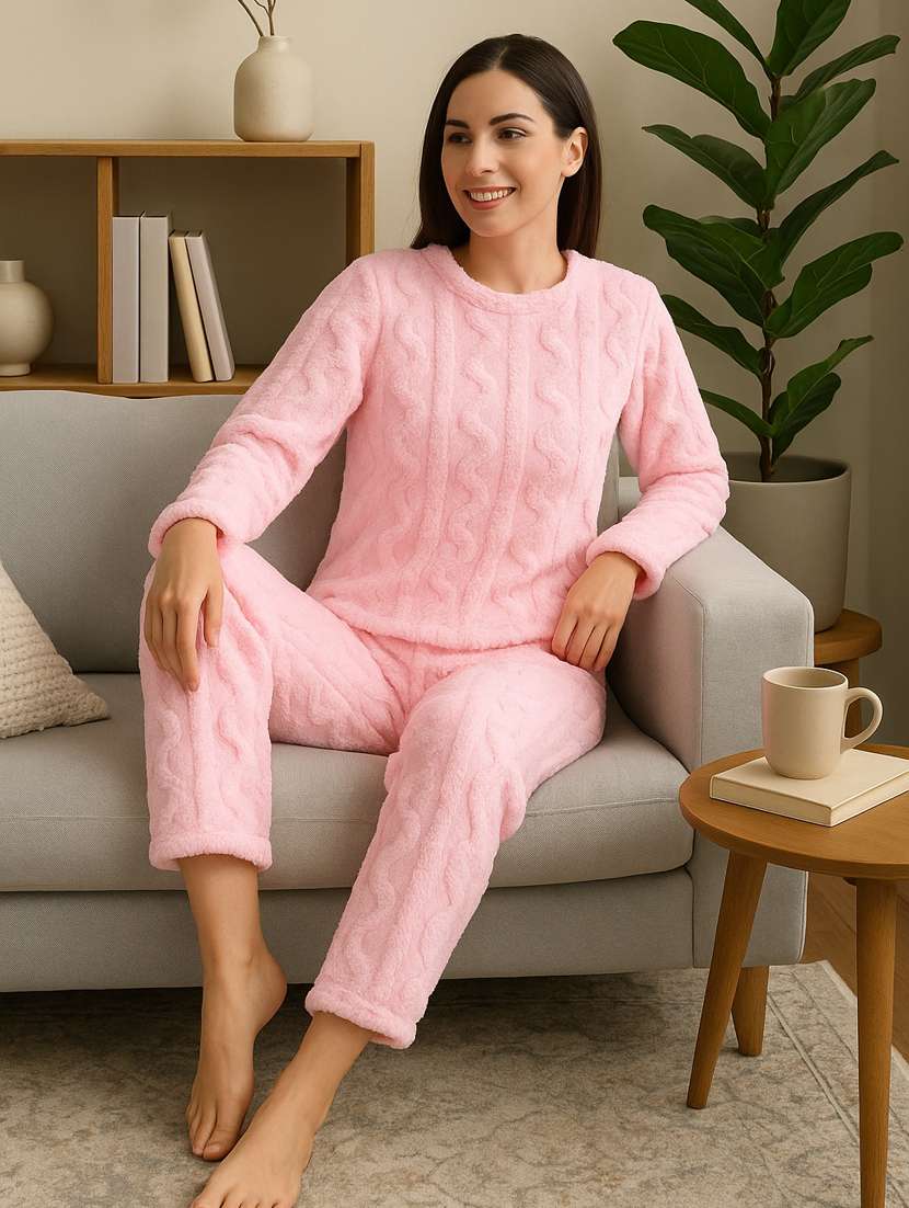 women solid hooded nightwear pyjama set