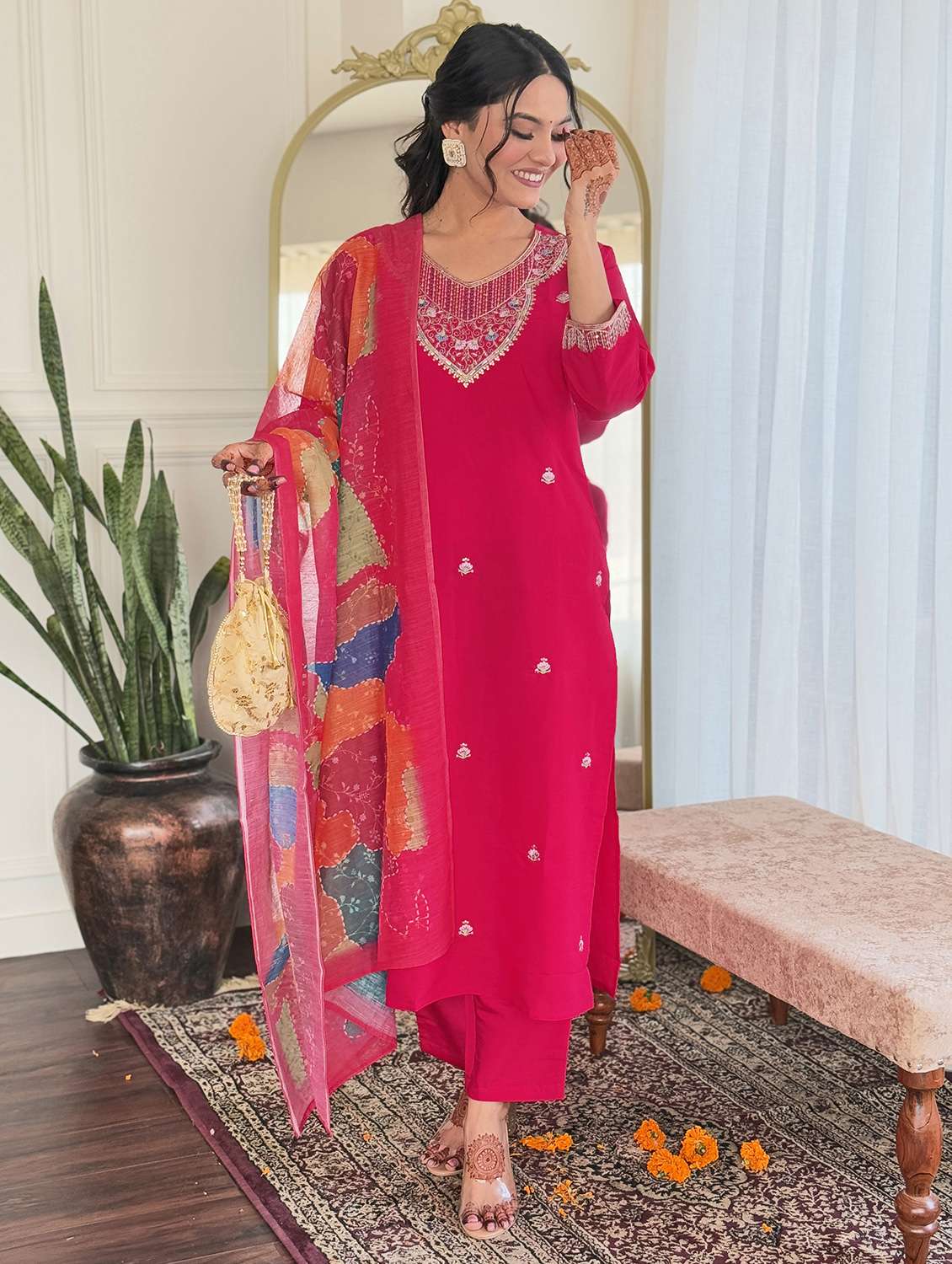 women three quarter sleeve kurta and pant with dupatta  - 22178917 -  Standard Image - 1