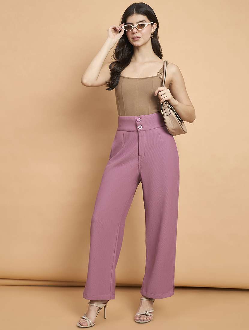women solid high rise wide leg trouser - 22178965 -  Standard Image - 4